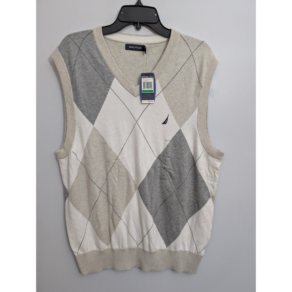 Z7 NWT Nautica Sweater Vest Gray Argyle Diamond Sleeveless V-Neck Golf, Mens L